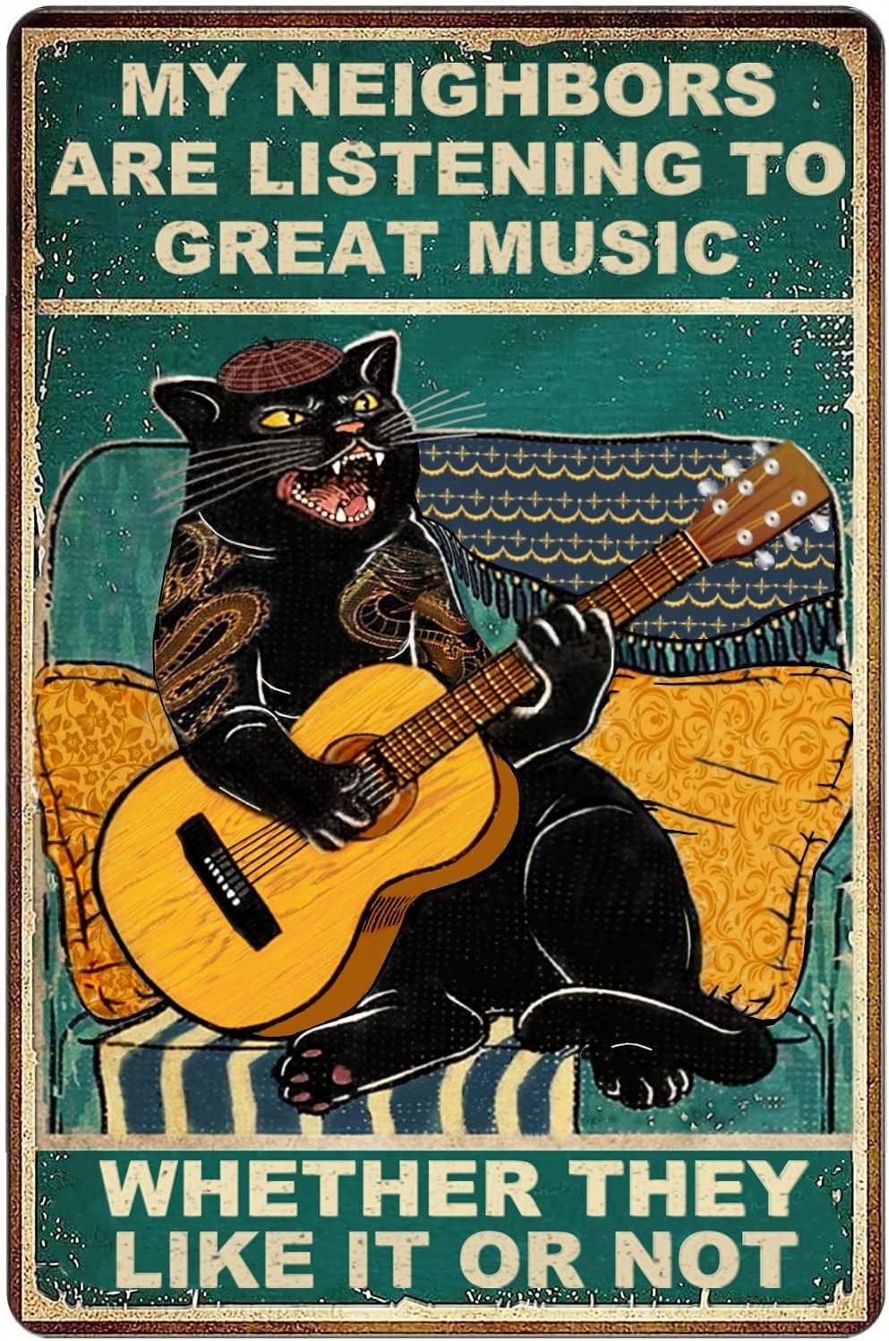Funny Cat Guitar Metal Signs Vintage Rock Music Wall Decor