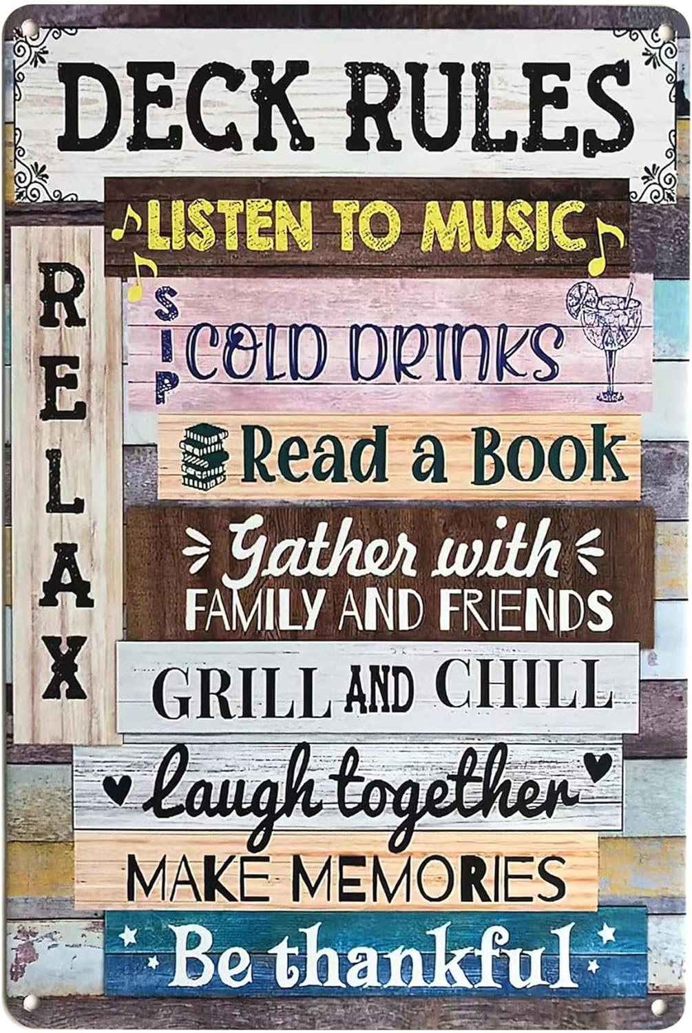 Deck Rules Metal Signs Rustic Listen to Music Sip Cold Drinks Tin Sign