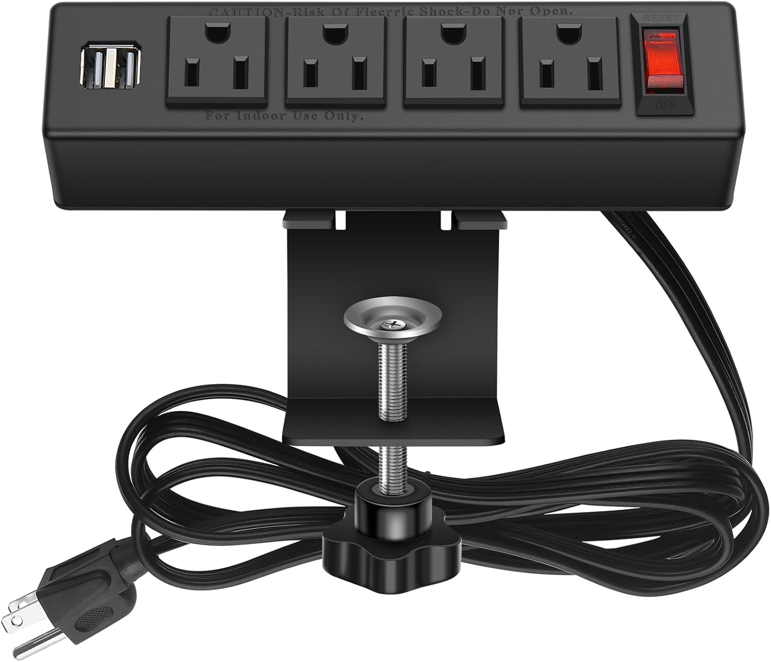 Desktop Power Outlet Clamp Mount with 2 USB Ports, 4 AC Outlets with 6ft Cord.(4AC2USB-Black)