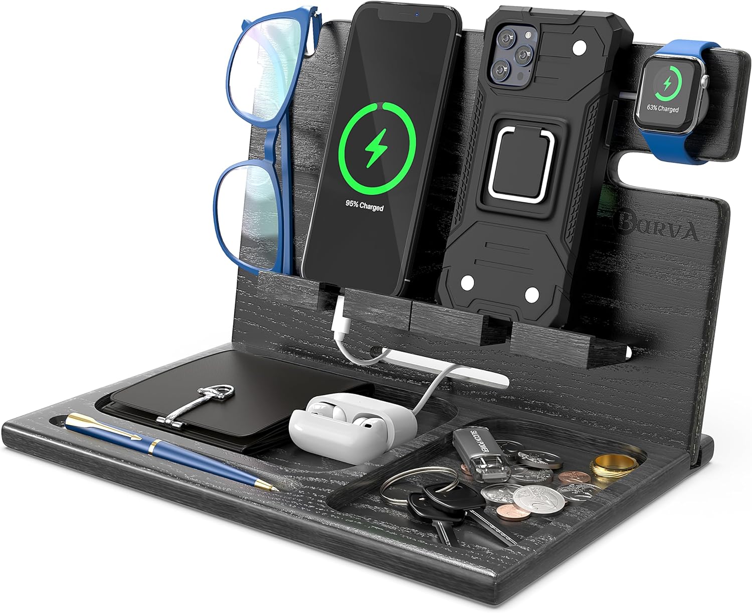 Wood Docking Station 2 Phone Nightstand Organizer Table Charging Dock Multi Watch Charging Stand, Black