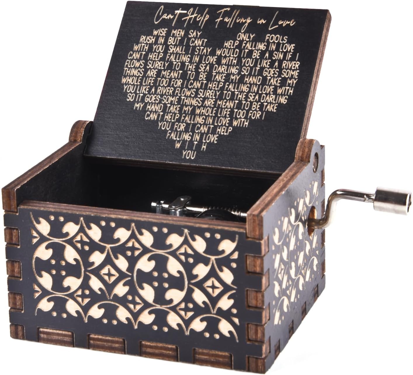 Can't Help Falling in Love Wood Music Box, Antique Engraved Musical Boxes, Black