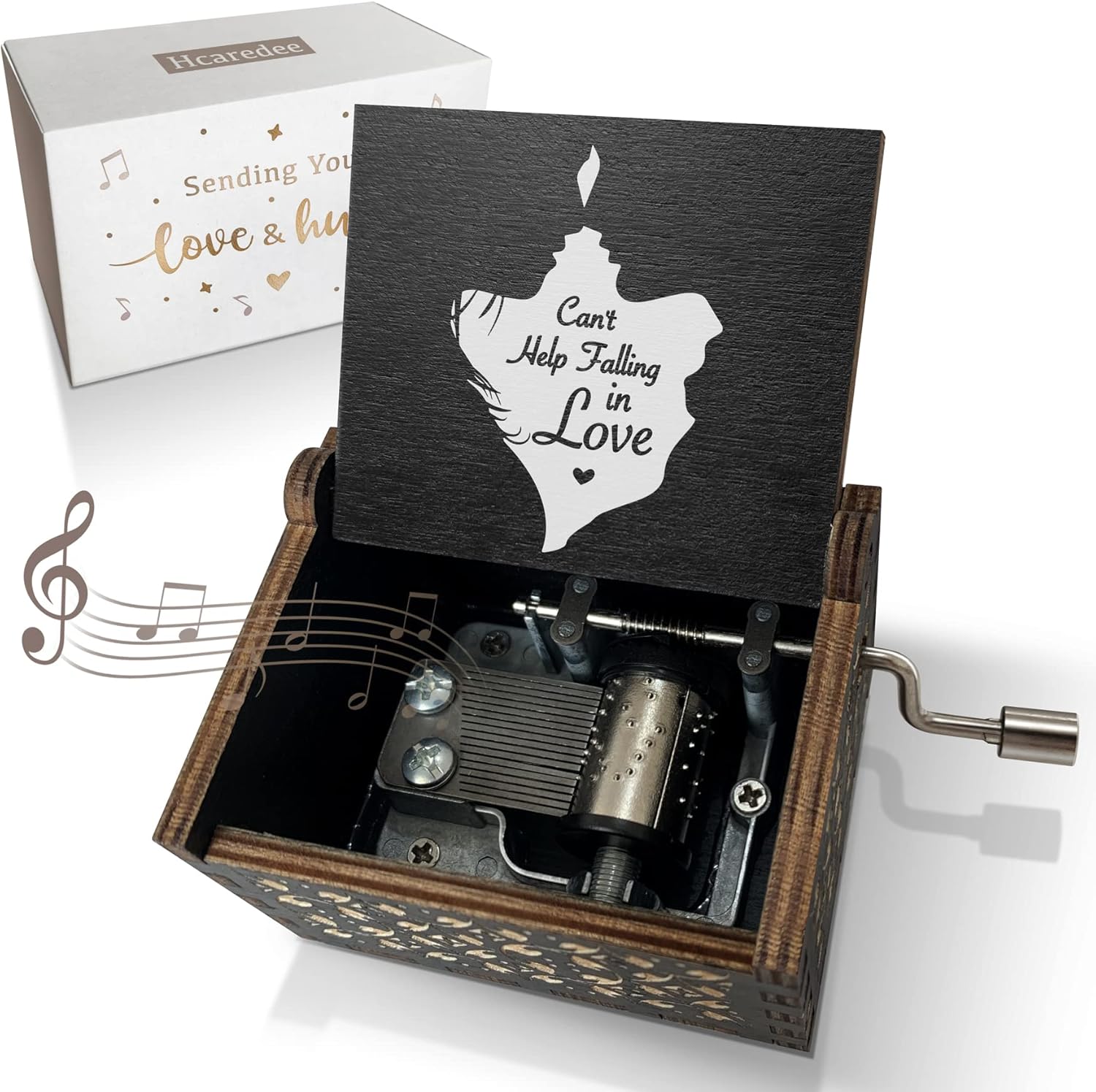 Wooden Music Box-Can’t Help Falling in Love Hand Crank Laser Engraved Vintage Wood Musical Boxes