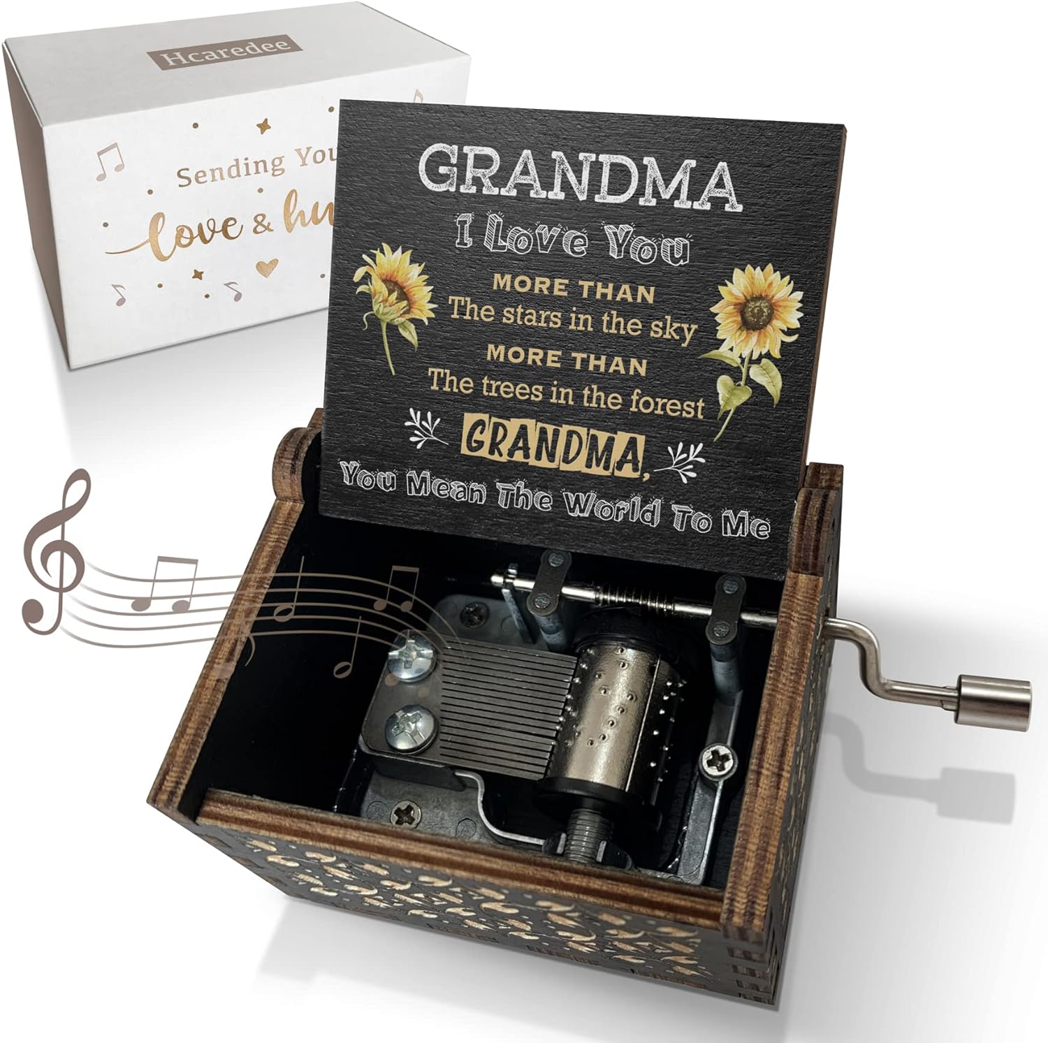 Sunflower Music Box Gifts for Grandma,Best Grandma Birthday Gift,You are My Sunshine Hand Crank Engraved Wooden Musical Boxes
