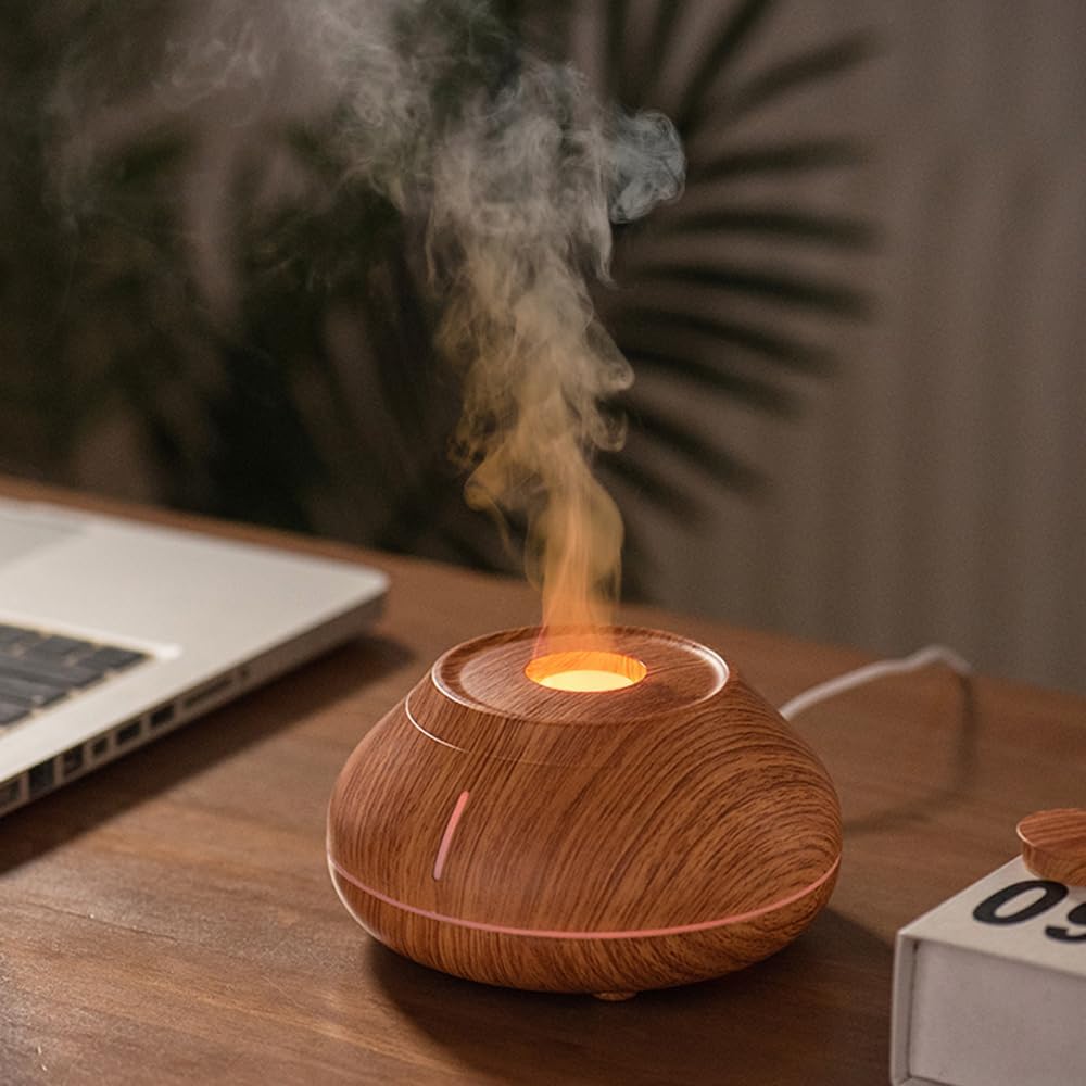 Aromatherapy Essential Oil Flame Diffuser with Ultrasonic Mist Auto Shut-Off Air Humidifier Light, Wood