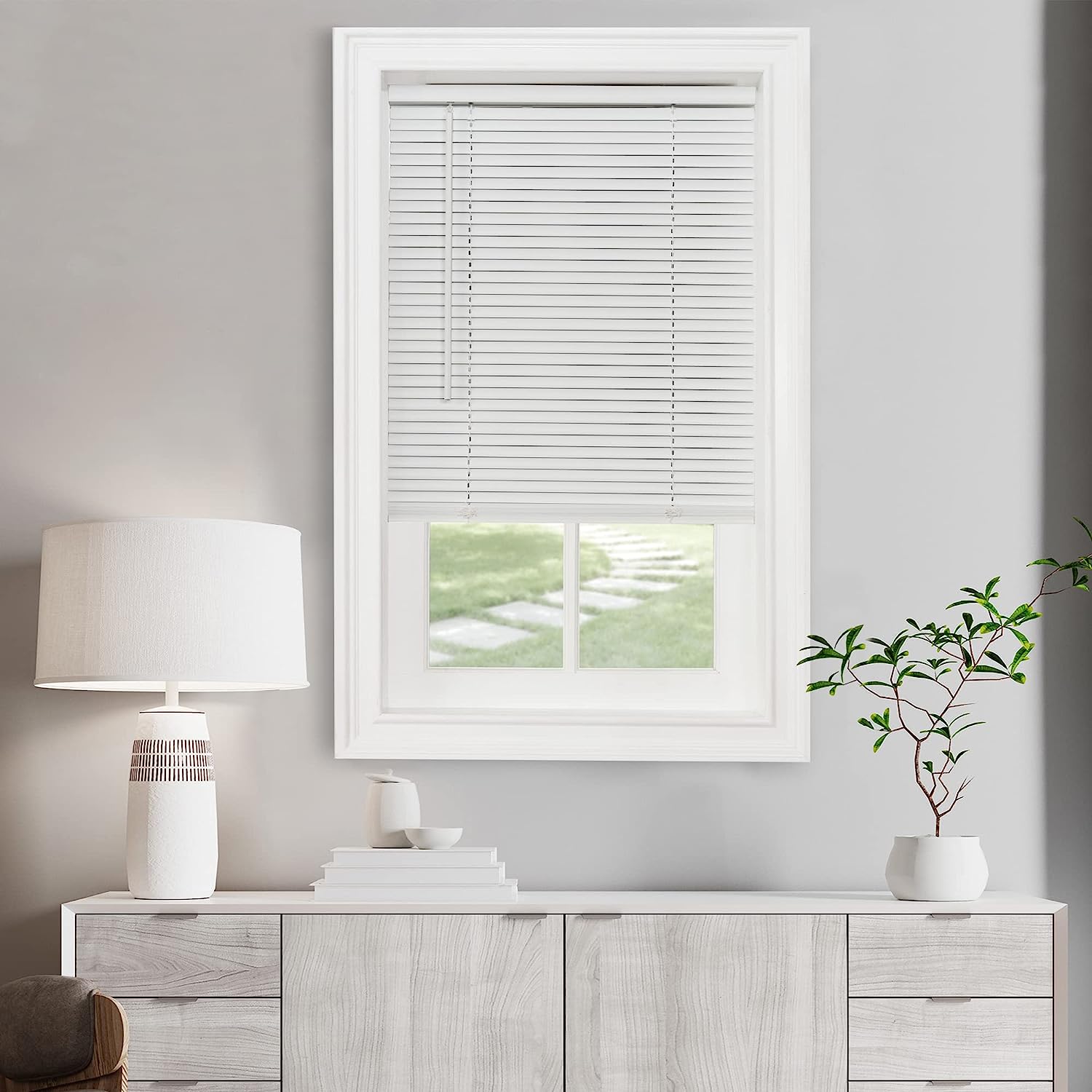 Cordless Light Filtering Mini Blind - 23 Inch Width, 42 Inch Length, 1" Slat Size - Pearl White