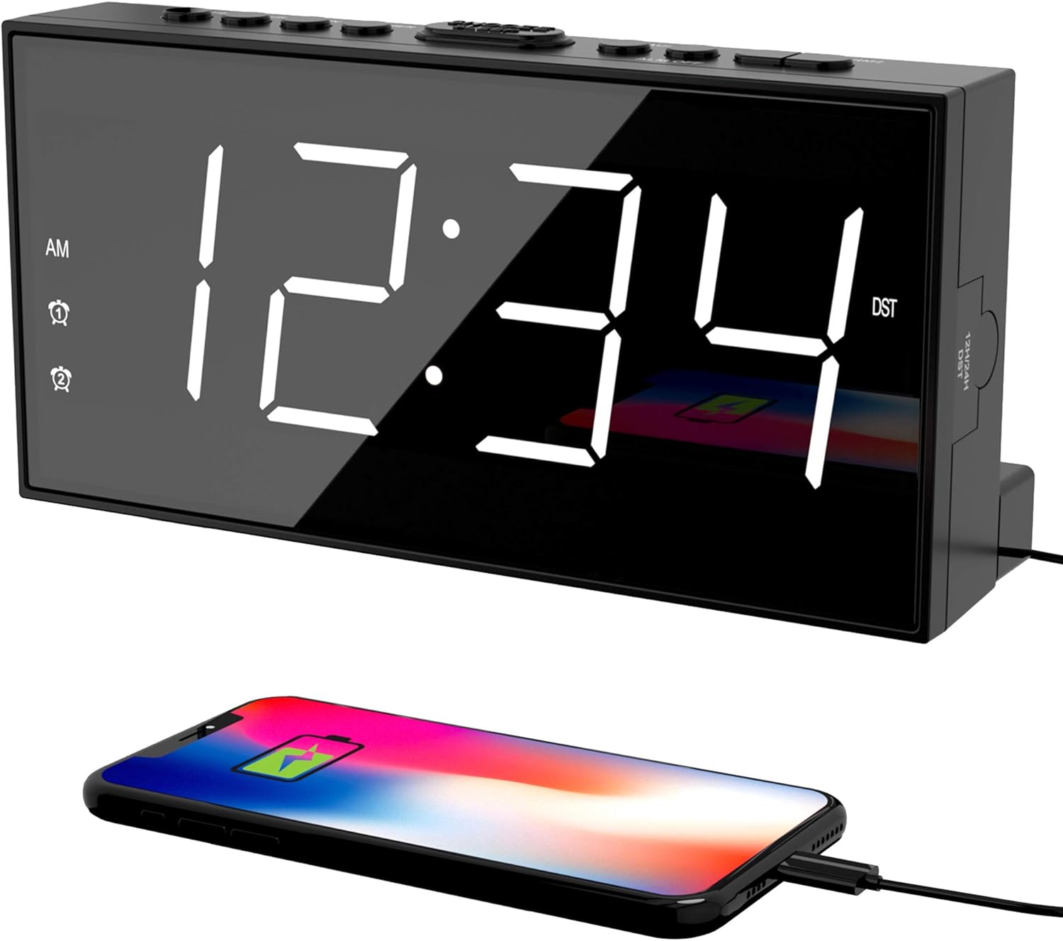 Alarm Clock for Bedroom, 2 Alarms Loud LED Big Display Plug in Simple Basic Digital Clock with USB Charging Port, White Digits