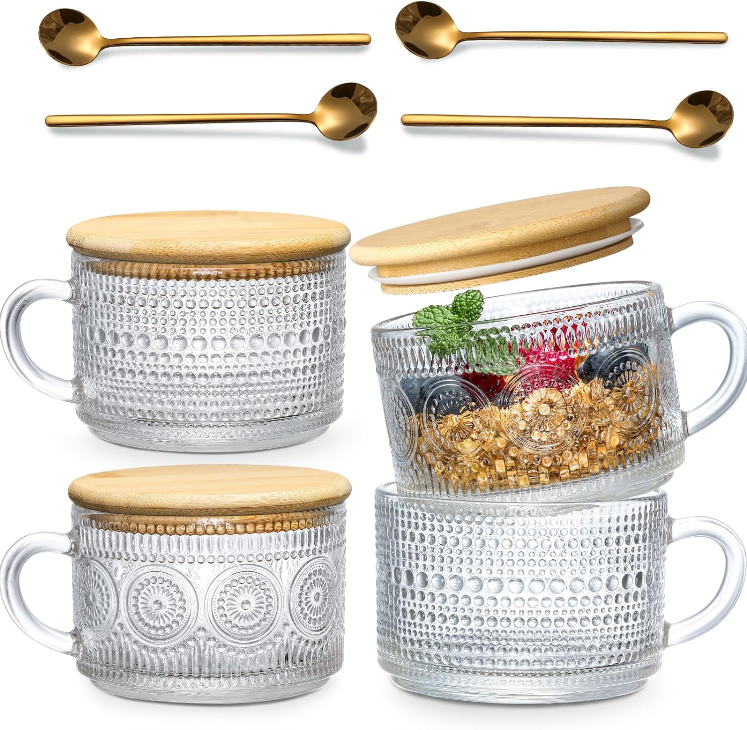 4pcs Set Vintage Coffee Mugs gifts for women, Overnight Oats Containers with Bamboo Lids and Spoons - 14oz Clear