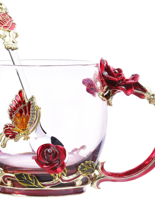 Load image into Gallery viewer, Glass Tea Cup Coffee Mugs &amp; Gifts for Women with Spoon Beautiful Rose Flower Butterfly (Red)
