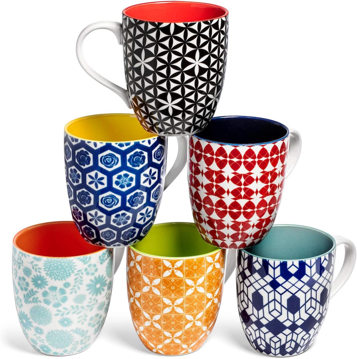 Set of 6 Modern Colorful Cute Porcelain Mugs/Cups with Large Handle,  16 Fluid Ounce Capacity