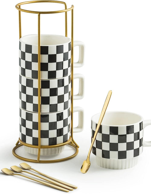 Load image into Gallery viewer, Stackable Coffee Mug Set of 4 with Rack 11 oz Tea Cup Set with Little Spoon (Black &amp; White Pattern)
