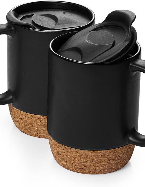 Load image into Gallery viewer, Set of 2 15 OZ Coffee Mug with Cork Bottom and Splash Proof Lid, Ceramic Mug with Large Handle, Black
