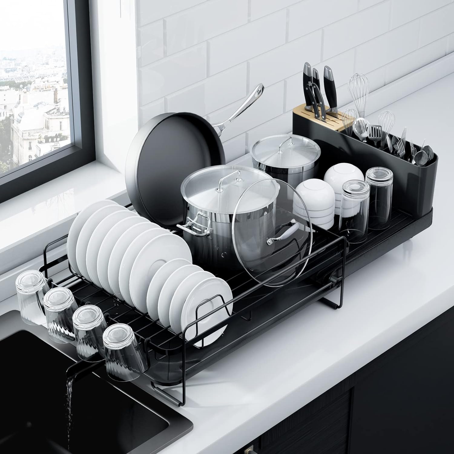 Extendable Dish Rack, Multifunctional Dish Rack for Kitchen Counter with Cutlery & Cup Holders 27" L x 12.9" W, Black