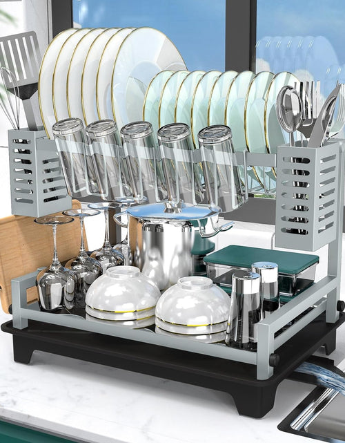 Load image into Gallery viewer, 2 Tier Dish Racks for Kitchen Counter, Large Dish Drying Rack with Drainboard &amp; Utensil Holders, Gray
