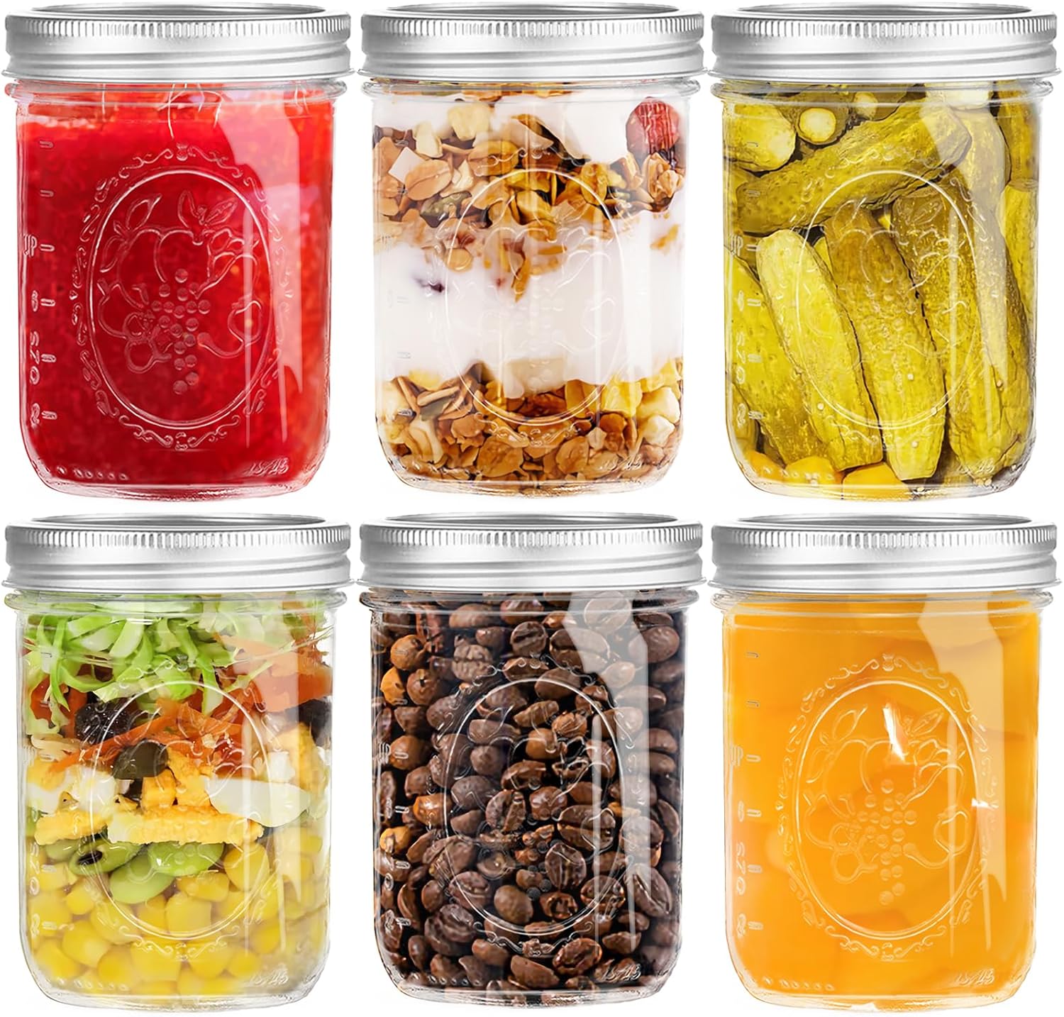 6 Pack Glass Mason Canning Jars with Metal Airtight Lids and Bands Containers for Fruit Storage,16 oz