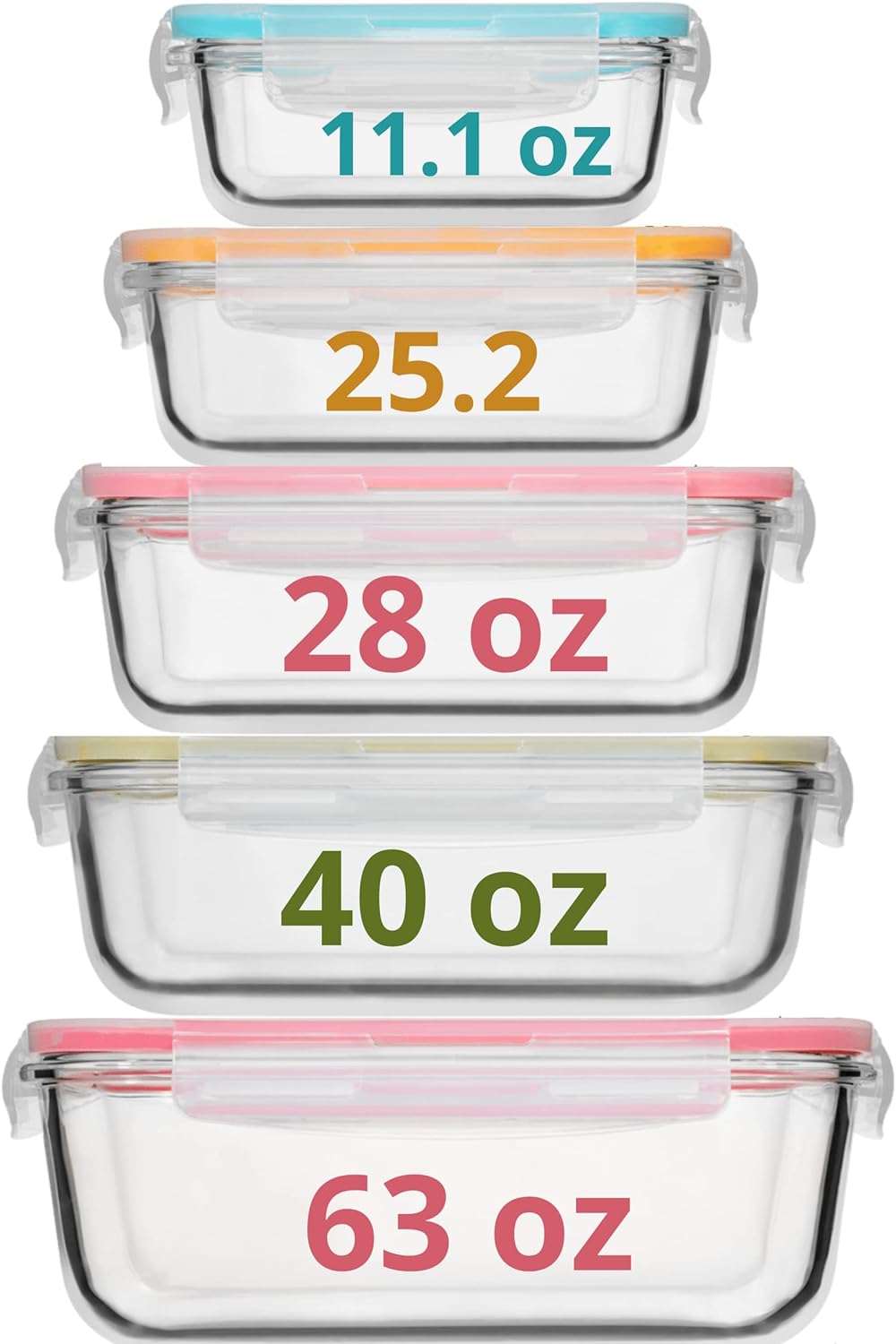 10 PC Glass Food Storage Containers with Multi Color Lids - 63, 40, 28, 25 & 11 Oz Airtight & Leakproof Lunch Bento Boxes