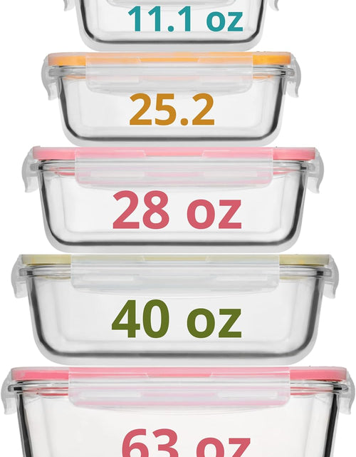 Load image into Gallery viewer, 10 PC Glass Food Storage Containers with Multi Color Lids - 63, 40, 28, 25 &amp; 11 Oz Airtight &amp; Leakproof Lunch Bento Boxes

