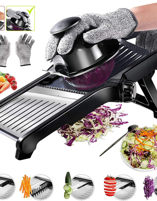 Load image into Gallery viewer, Adjustable Stainless Steel Food Vegetable Potato Onion Slicer French Fry Cutter, Slicer Julienne with Cut-Resistant Gloves

