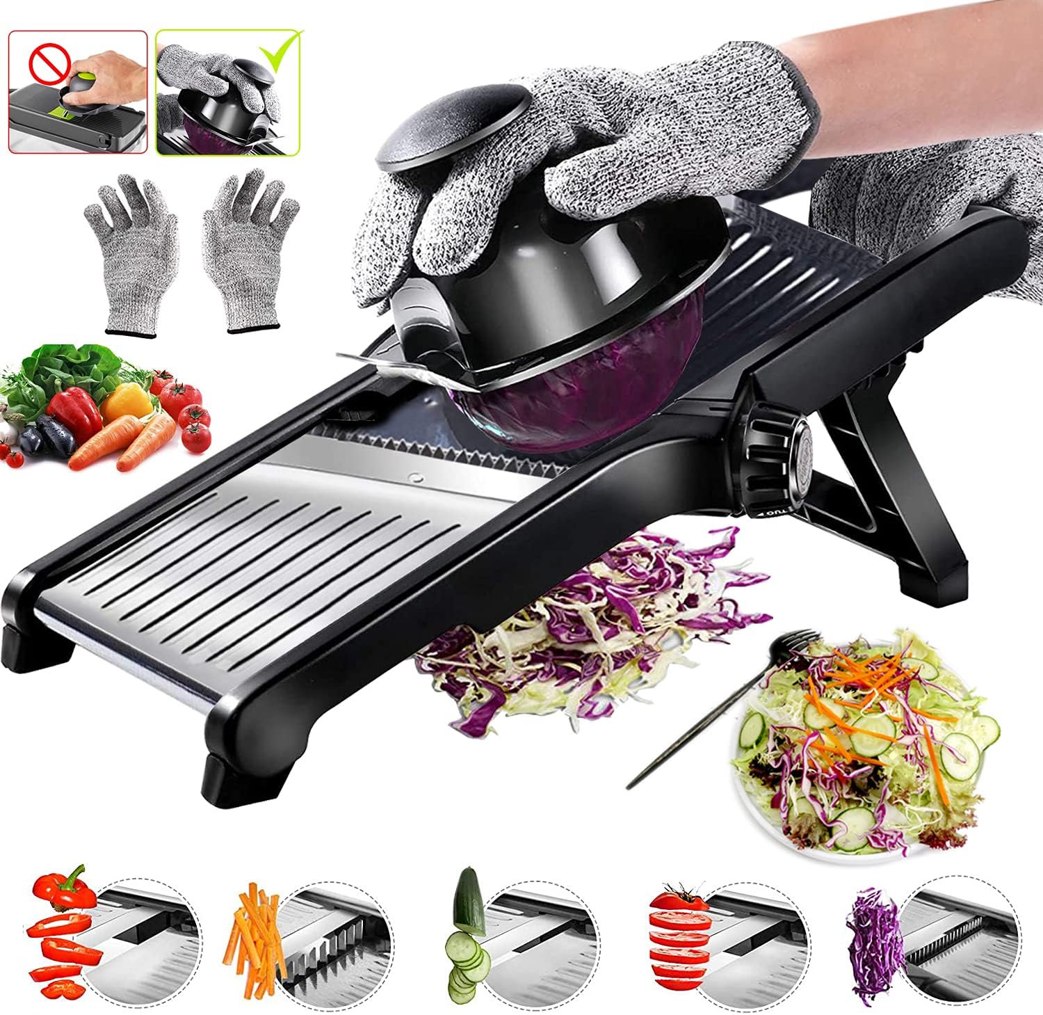 Adjustable Stainless Steel Food Vegetable Potato Onion Slicer French Fry Cutter, Slicer Julienne with Cut-Resistant Gloves