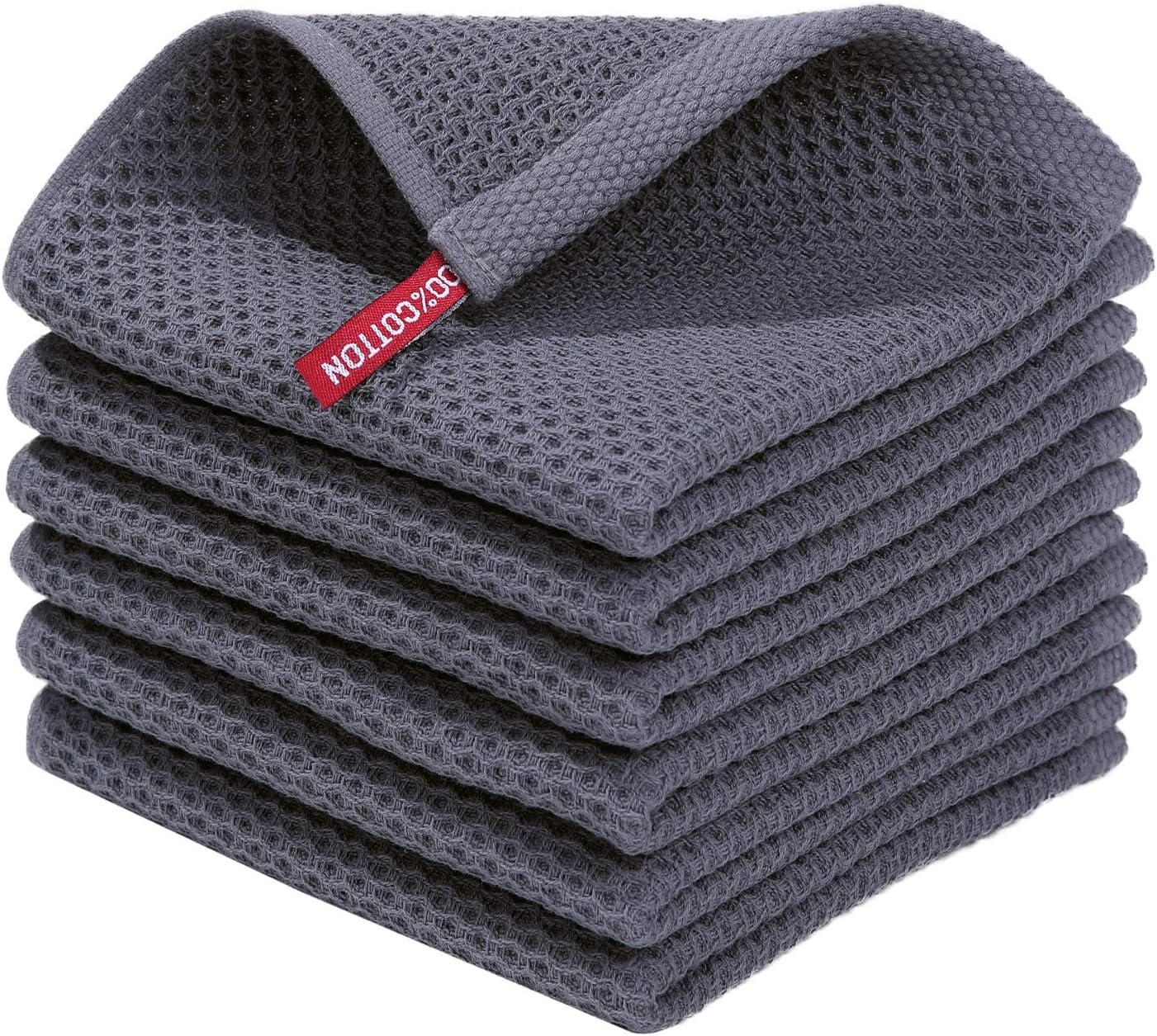 Cotton Waffle Weave Kitchen Dish Cloths, 12x12 Inches, 6-Pack, Dark Grey