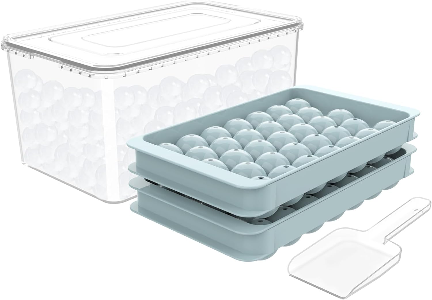 Ice Cube Tray for Freezer with Lid & Bin, 0.8"x66 Round Ice Cube Mold with Container (2 Trays 1 Ice Bucket & Scoop)