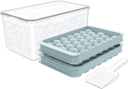 Ice Cube Tray for Freezer with Lid & Bin, 0.8"x66 Round Ice Cube Mold with Container (2 Trays 1 Ice Bucket & Scoop)