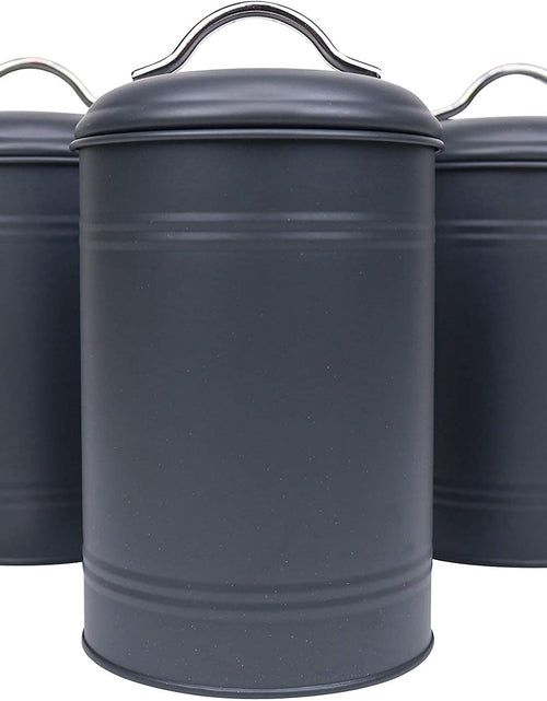 Load image into Gallery viewer, Set of 3 for Countertop Storage of Coffee, Food, Charcoal Grey Metal (8 Inches High with Lids, 4.5 Inches Diameter)
