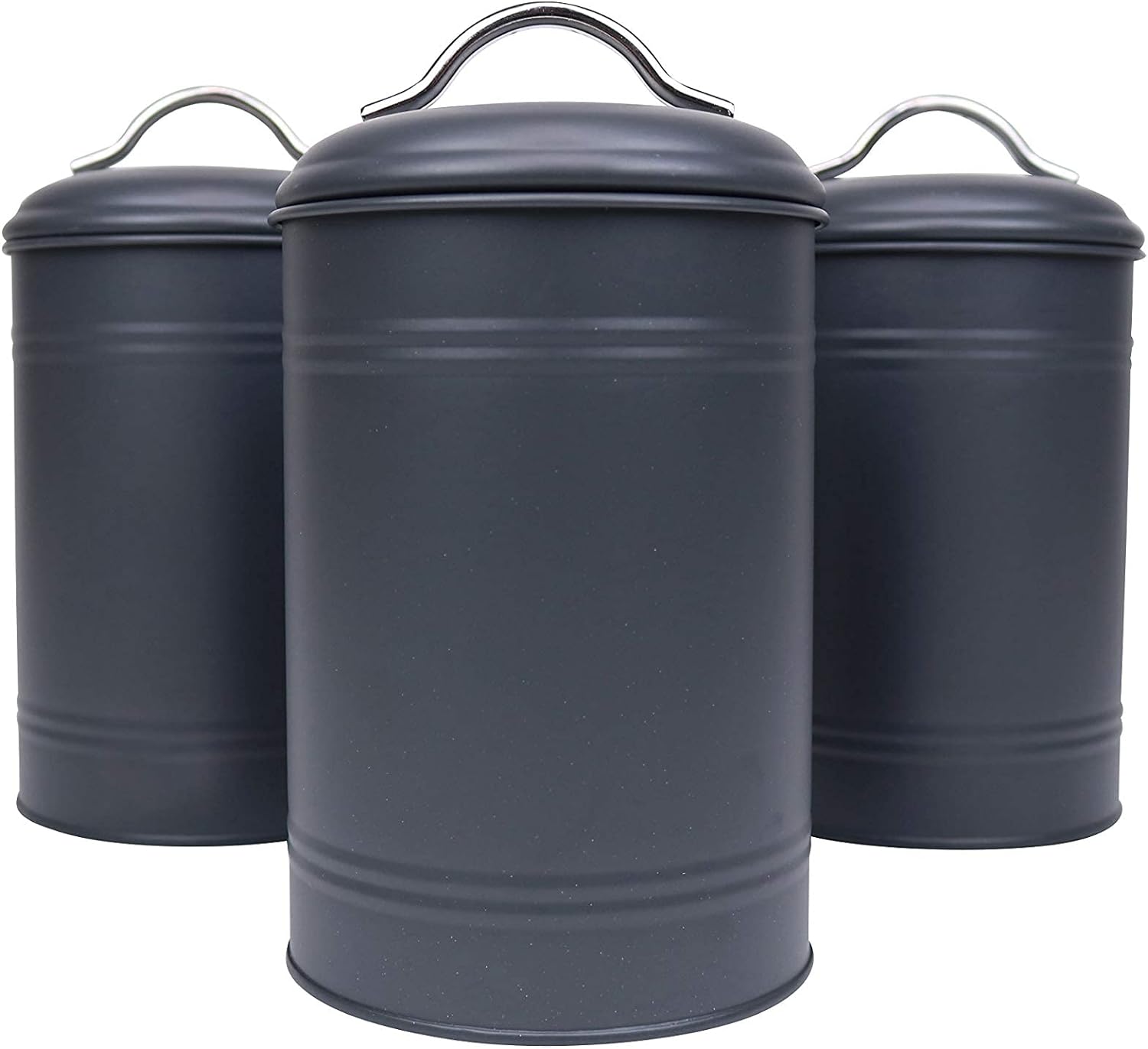 Set of 3 for Countertop Storage of Coffee, Food, Charcoal Grey Metal (8 Inches High with Lids, 4.5 Inches Diameter)