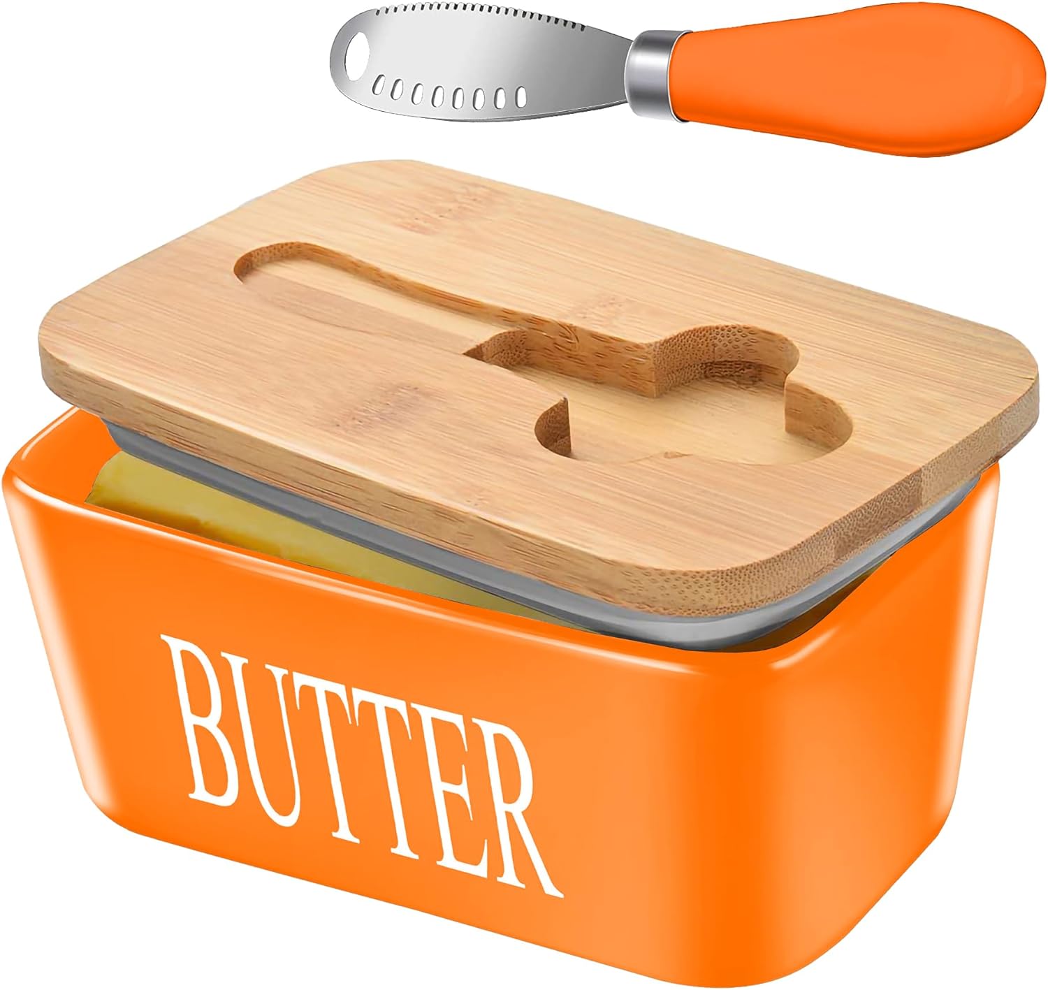 Large Butter Dish with Lid for Countertop Ceramic Butter Container with Knife Holder, Orange