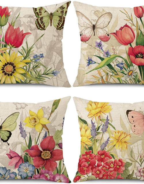 Load image into Gallery viewer, Set of 4 Decorative Spring Pillow Covers Linen Flower Butterfly Farmhouse Pillowcases, 18 x 18
