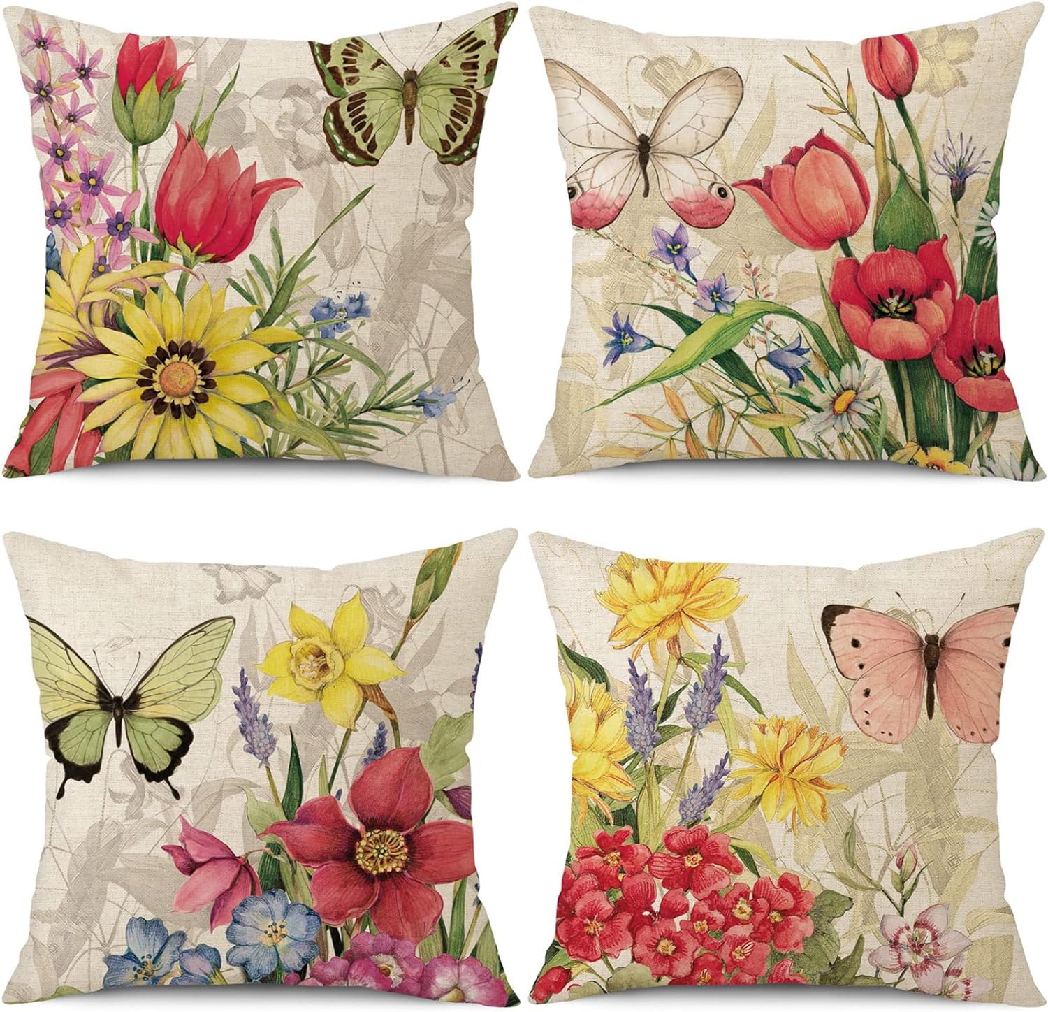 Set of 4 Decorative Spring Pillow Covers Linen Flower Butterfly Farmhouse Pillowcases, 18 x 18