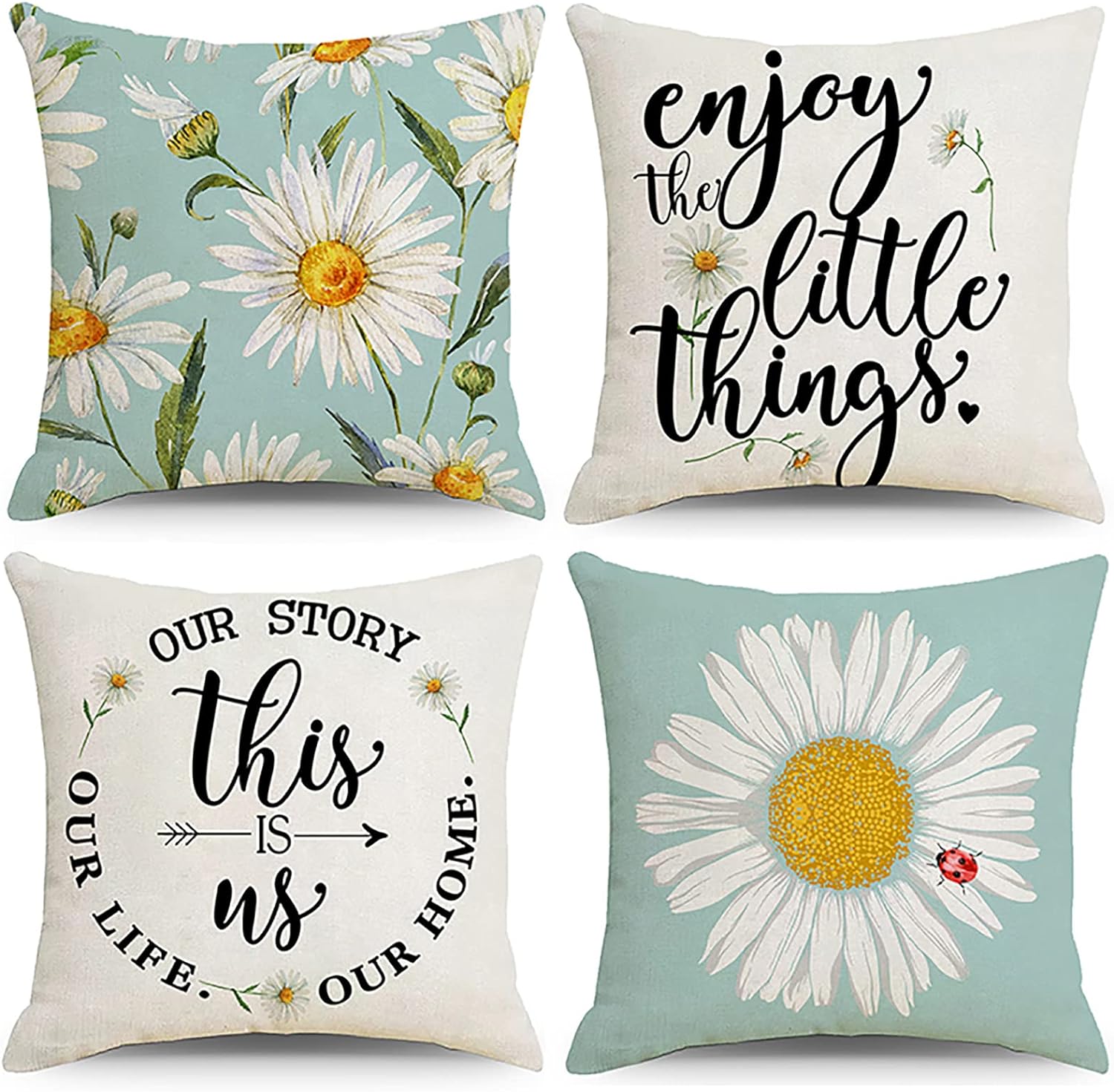 Set of 4, Sunflower Decorative Spring Daisy Light Blue Cushion Case for Sofa Couch