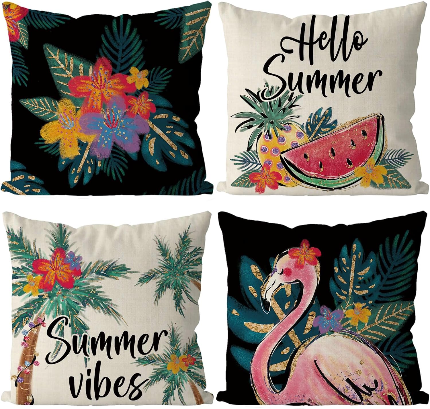 Set of 4 Flamingo Watermelon Throw Pillow Covers Summer Farmhouse Cushion Cases