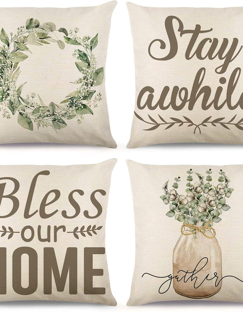 Load image into Gallery viewer, Set of 4 Decorative Spring Wreath Pillow Covers 18 x 18 Inches - Summer Floral Leaves Bless Home Linen Cushion Cases
