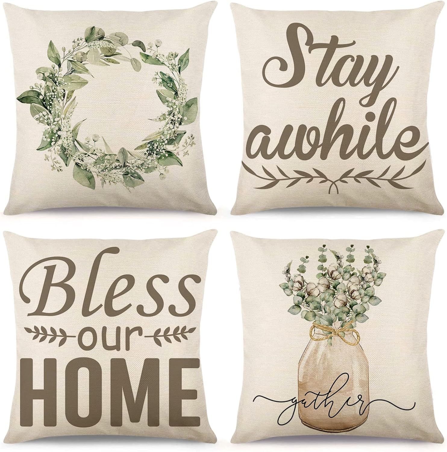Set of 4 Decorative Spring Wreath Pillow Covers 18 x 18 Inches - Summer Floral Leaves Bless Home Linen Cushion Cases