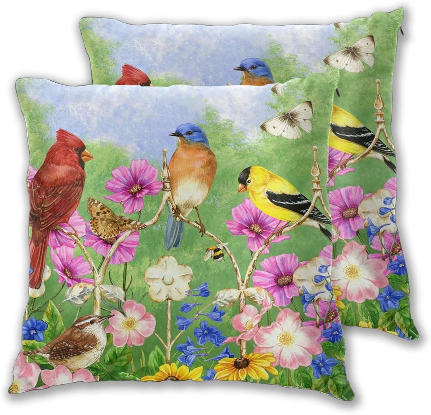 Set of 2 Rustic Flowers Birds Butterfly Spring Summer Throw Pillow Covers