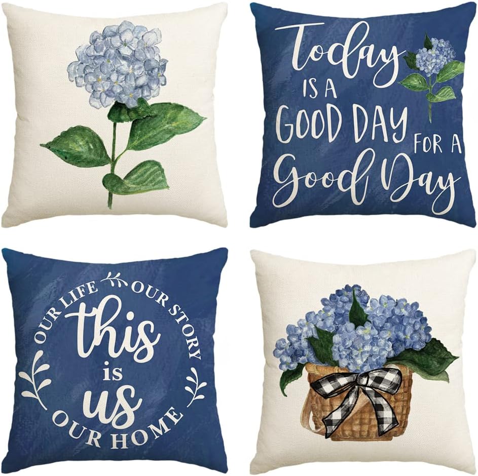 Blue Hydrangea Spring Summer Throw Pillow Covers, 18 x 18 Inch Today is A Good Day, Set of 4