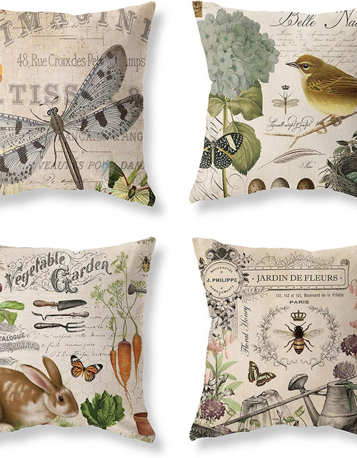 Load image into Gallery viewer, Beige Vintage Throw Pillow Covers 18x18 Set of 4 Rustic Farmhouse Bunny Bird Bee Pillow Covers
