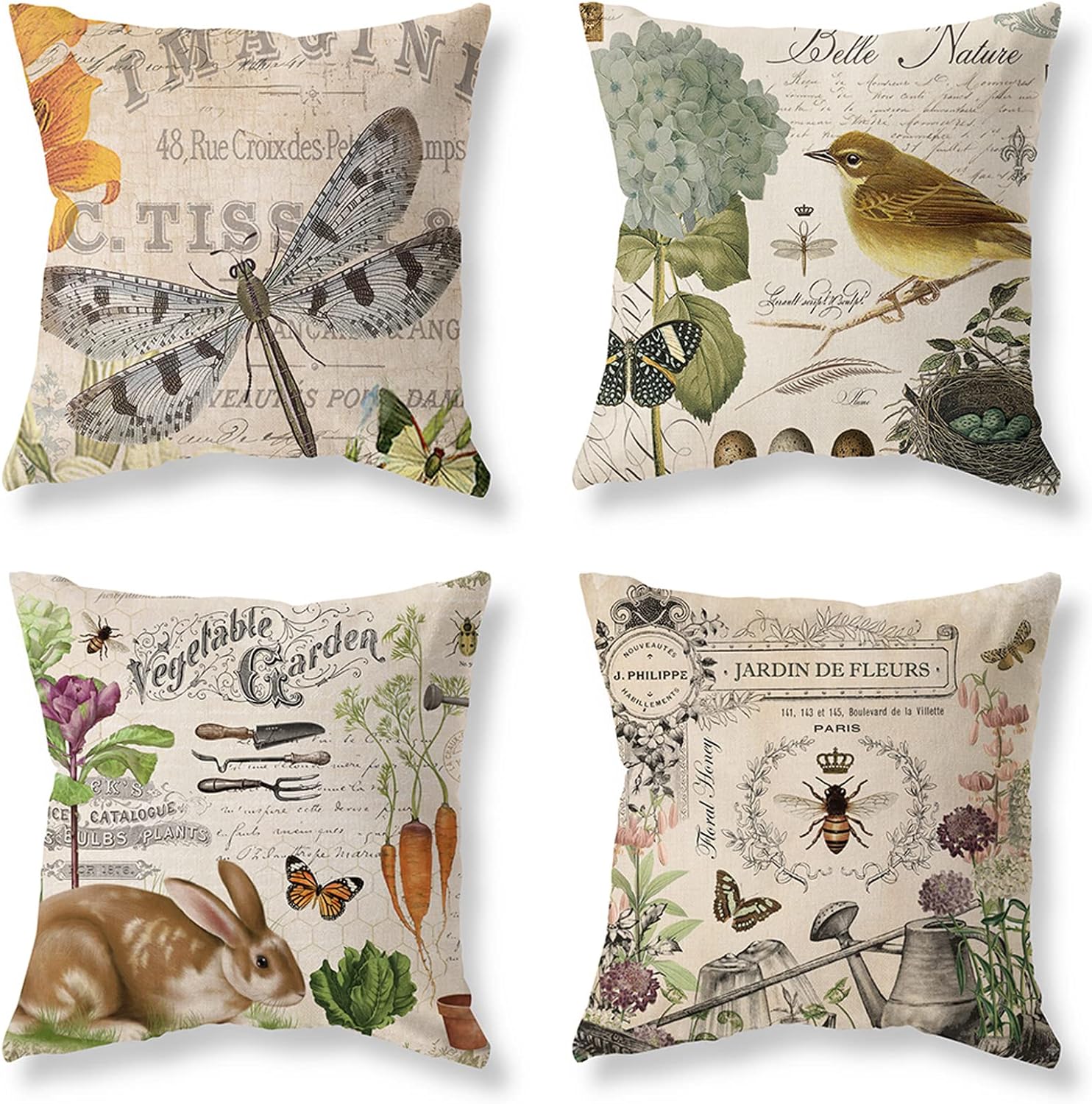 Beige Vintage Throw Pillow Covers 18x18 Set of 4 Rustic Farmhouse Bunny Bird Bee Pillow Covers