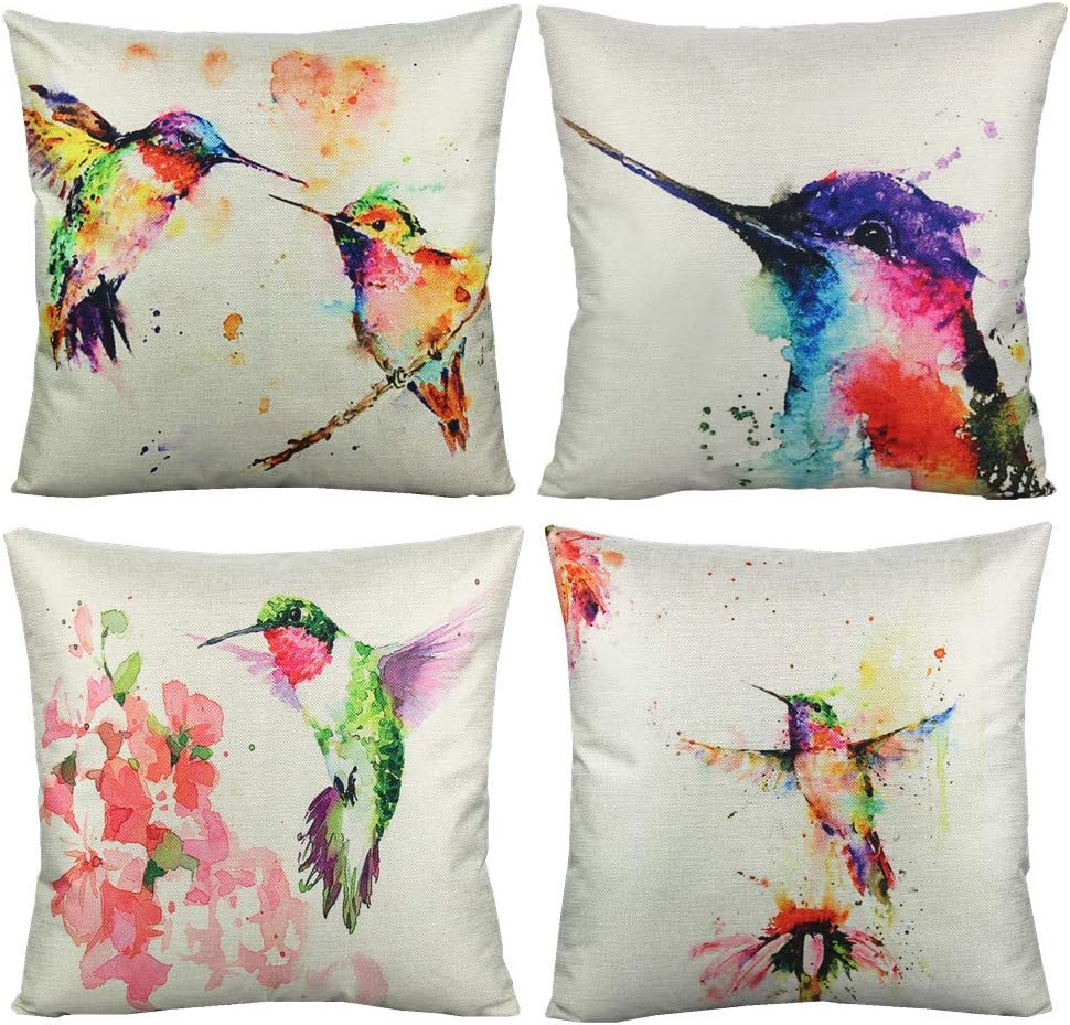 Set of 4 Spring Hummingbirds Decorative Tropical Cushion Cases, 18 x 18 inches