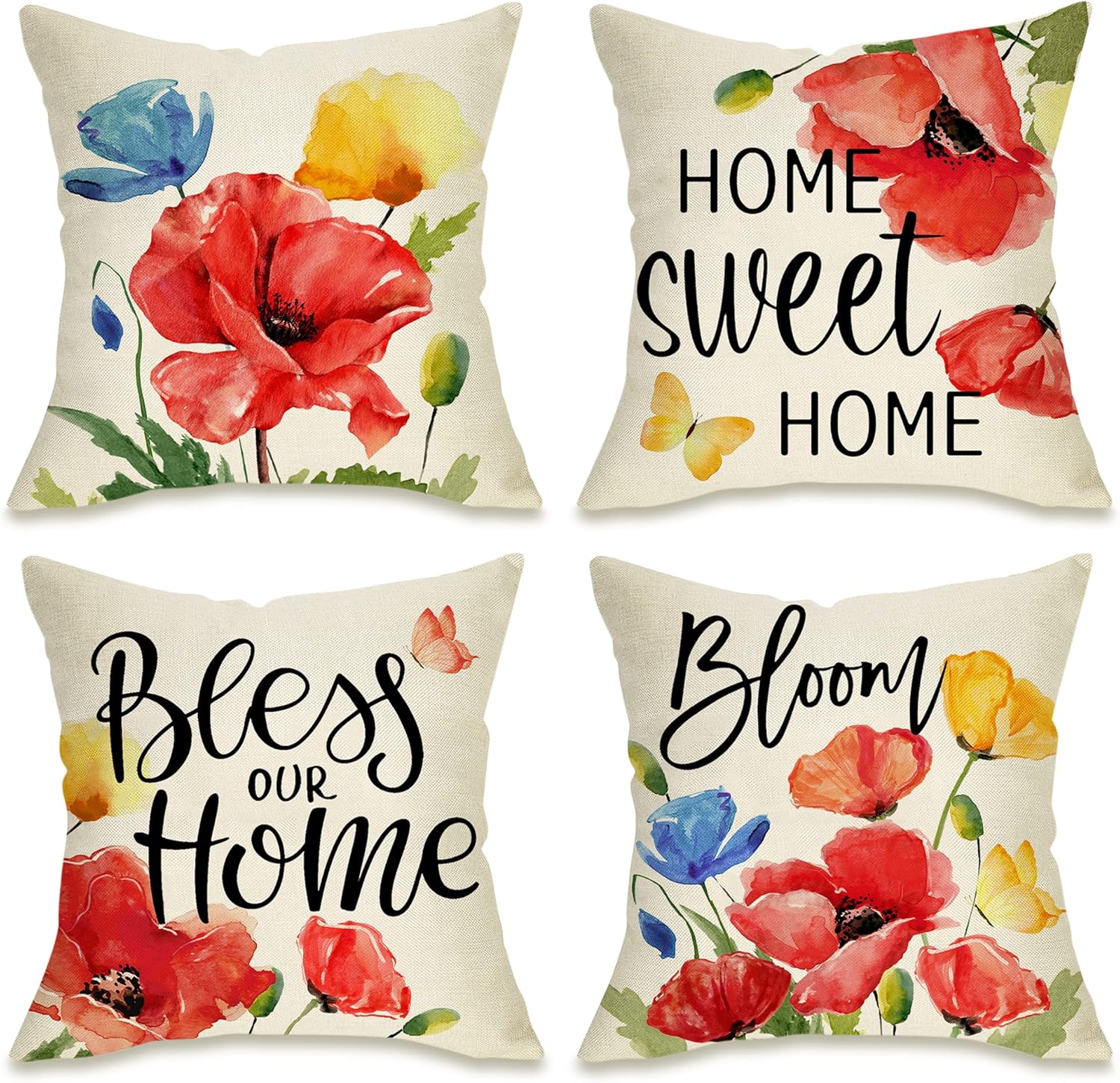 Poppy Floral Flowers Decorative Throw Pillow Covers 18 x 18 Set of 4