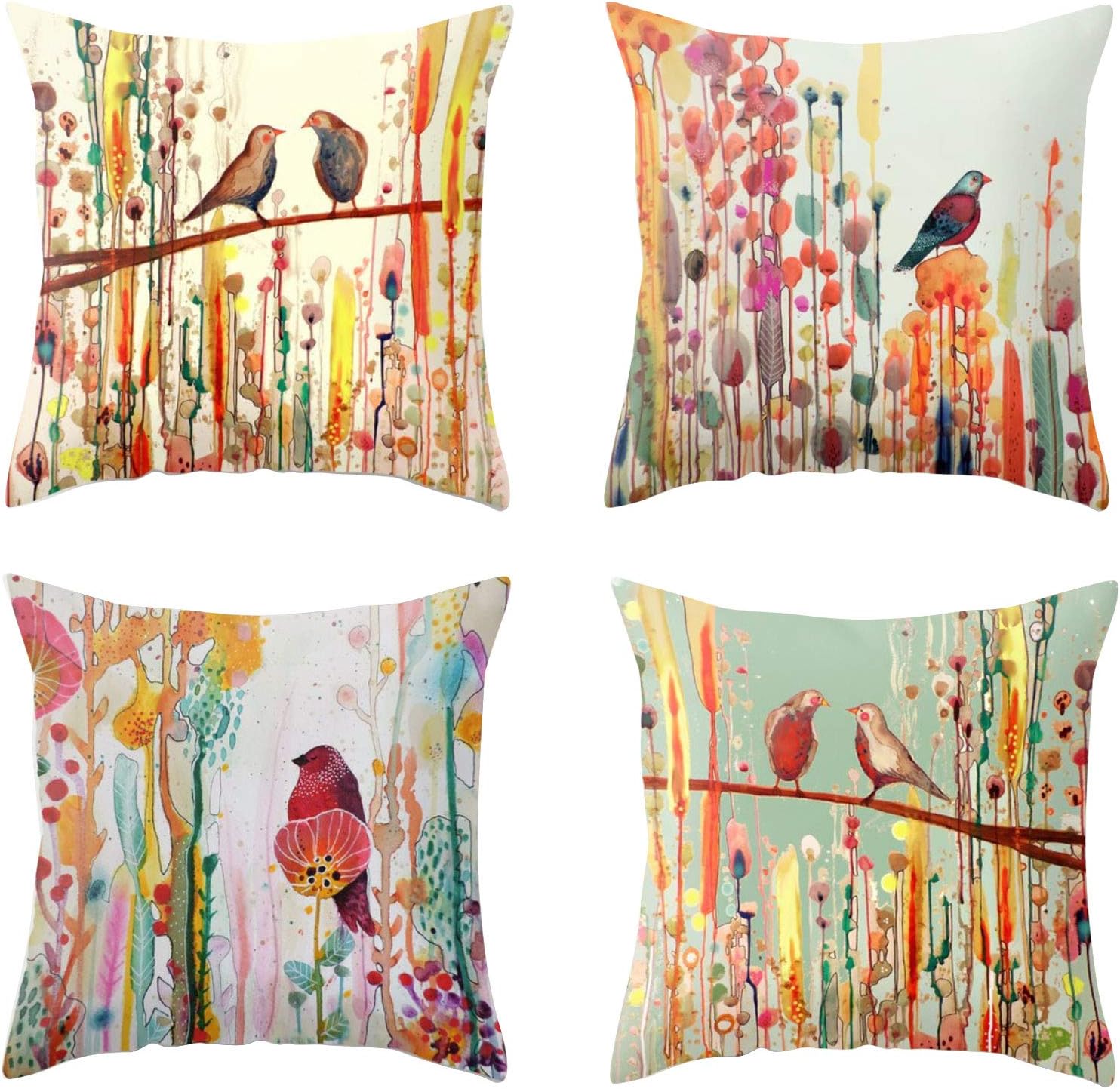 Modern Decoration Throw Pillow Covers 18x18 Set of 4 Retro Bird Flowers Throw Pillowcovers