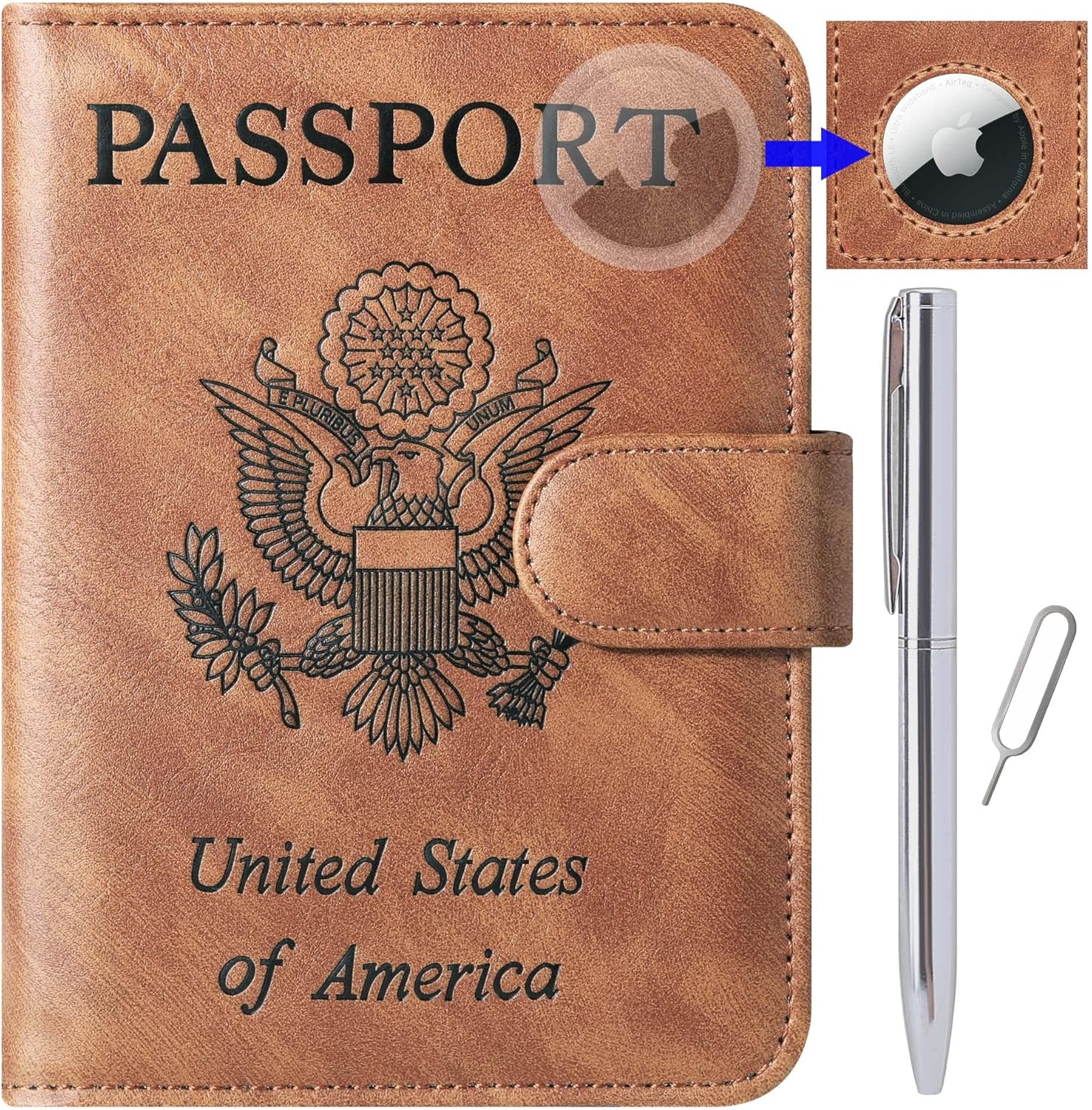 Airtag Passport Holder Cover Wallet Travel Essentials with Rfid Blocking Case, Brown