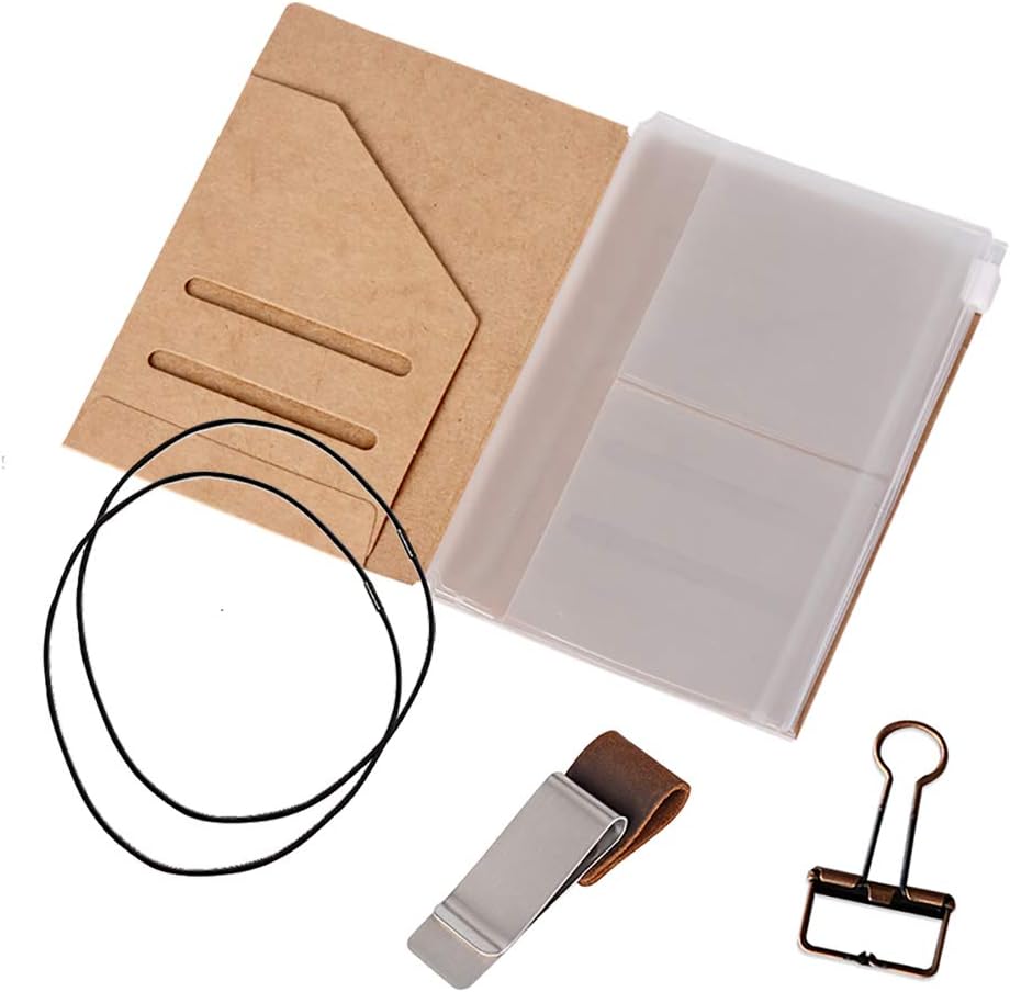Passport Size Travelers Notebook Accessories Kit - Kraft File Folder, Zipper Case, Pen Holder,
