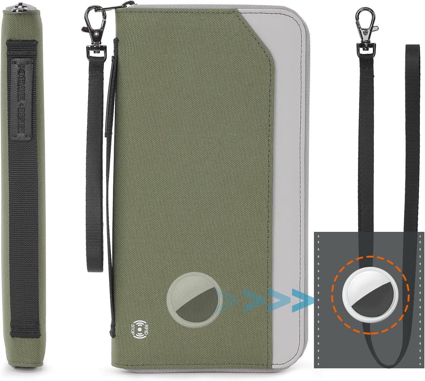 RFID Large Travel Passport Wallet with Airtag & Card Holder Women Men  with Zipper Pocket, Army Green
