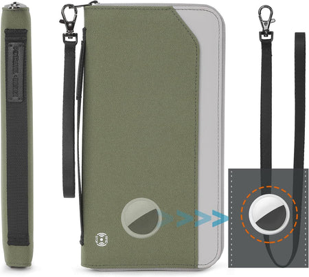 RFID Large Travel Passport Wallet with Airtag & Card Holder Women Men  with Zipper Pocket, Army Green