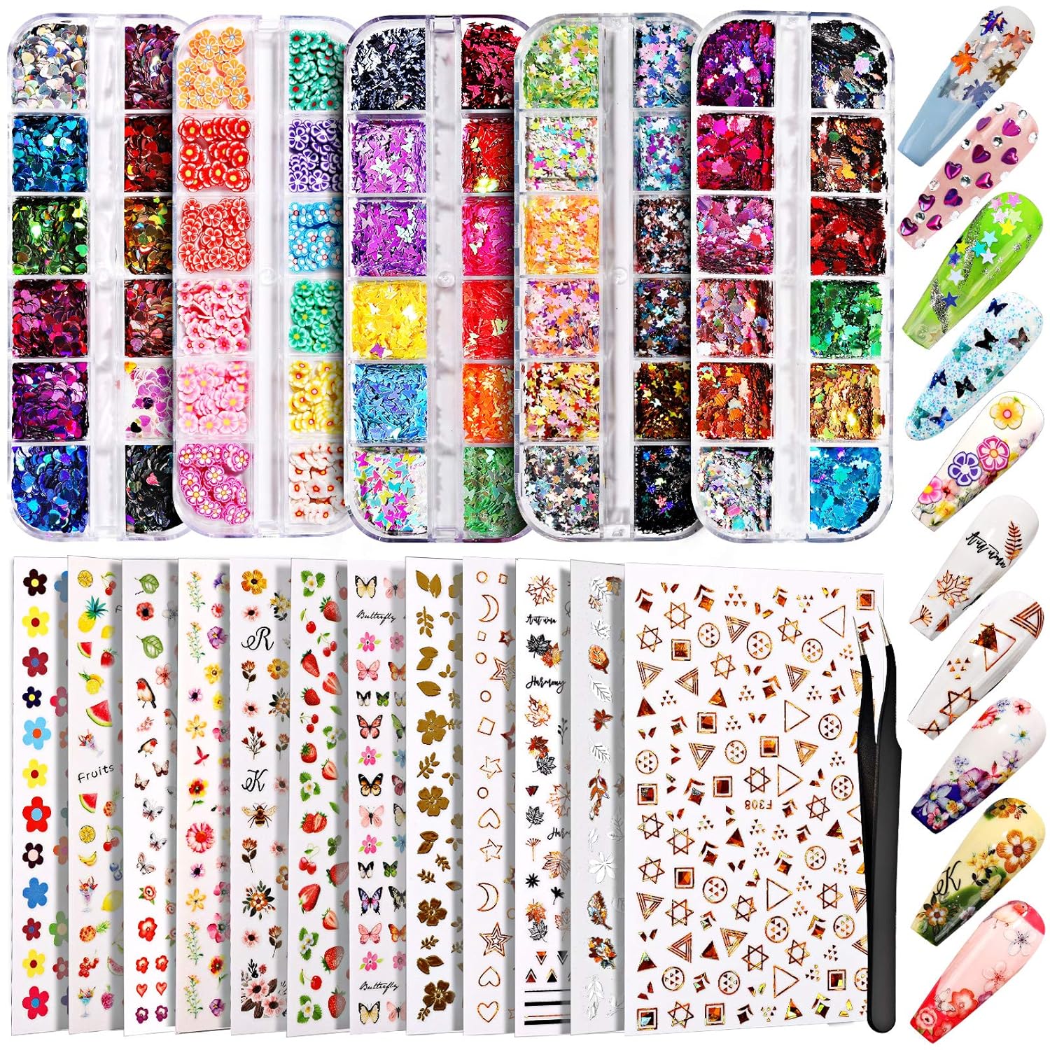 12 Sheets Nail Art Sticker 3D Self-Adhesive, Nail Art Decoration with 5 Boxes Holographic,Spring/Summer