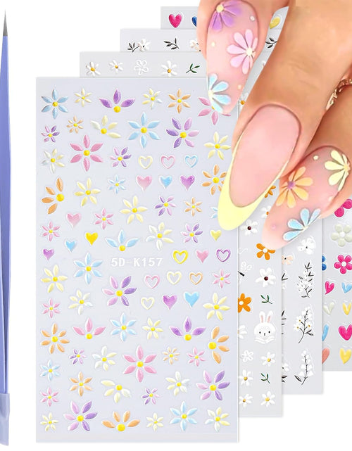 Load image into Gallery viewer, Flower Floral 5D Embossed Nail Decals Nail Art Design Self Adhesive Nail Supplies with Nail Tweezer
