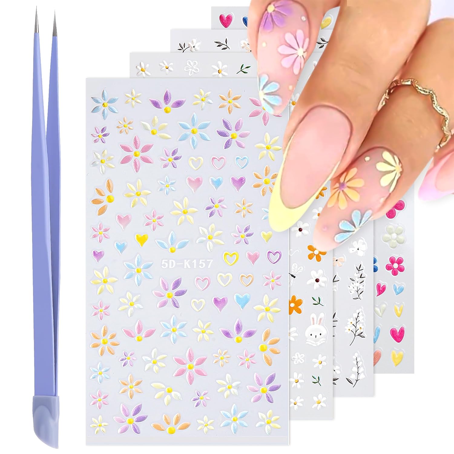 Flower Floral 5D Embossed Nail Decals Nail Art Design Self Adhesive Nail Supplies with Nail Tweezer