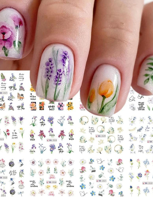 Load image into Gallery viewer, Flower Nail Decals Water Transfer Nail Art Supplies Summer Lily Orchid Butterfly, 12 Sheets
