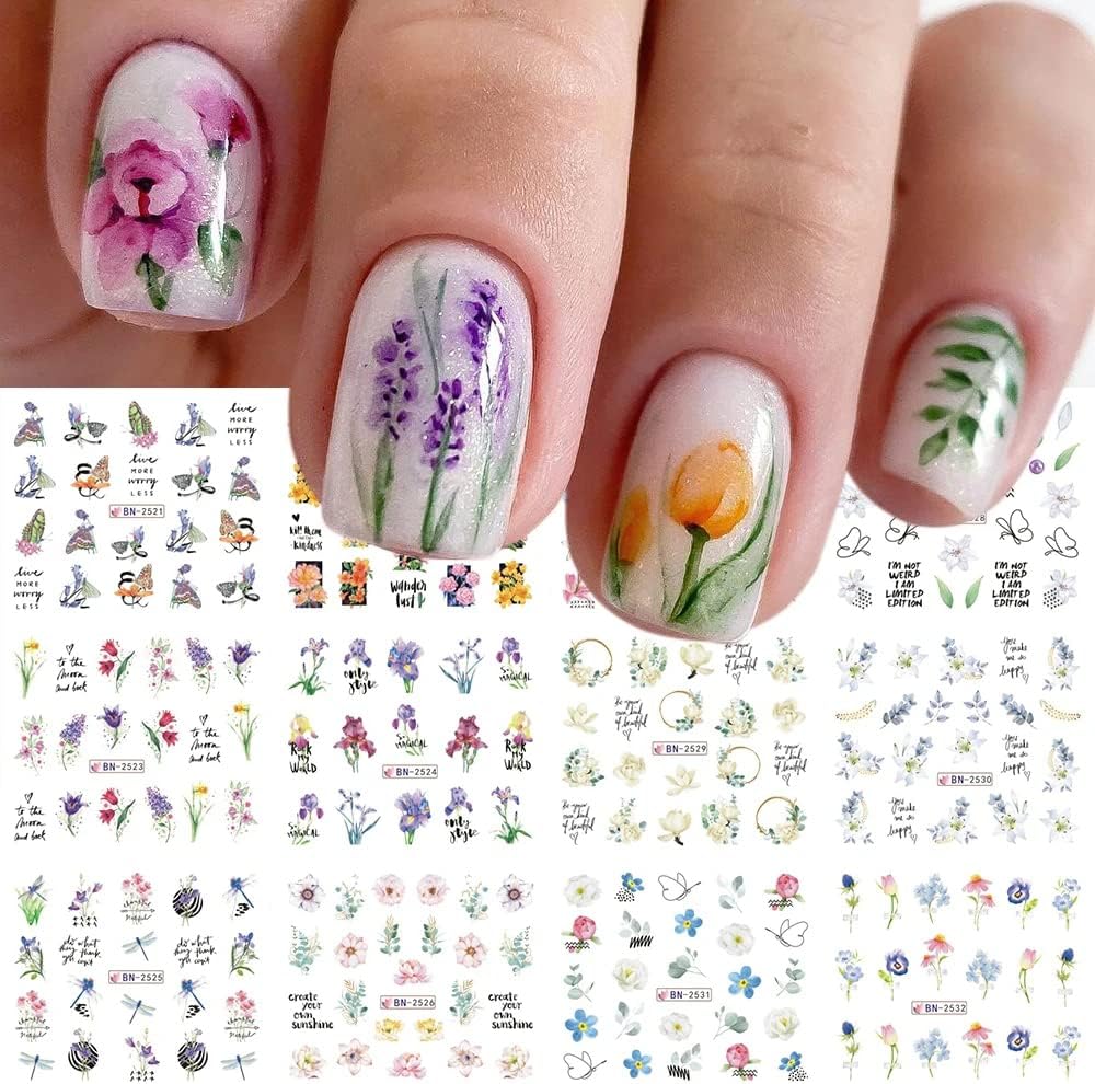 Flower Nail Decals Water Transfer Nail Art Supplies Summer Lily Orchid Butterfly, 12 Sheets